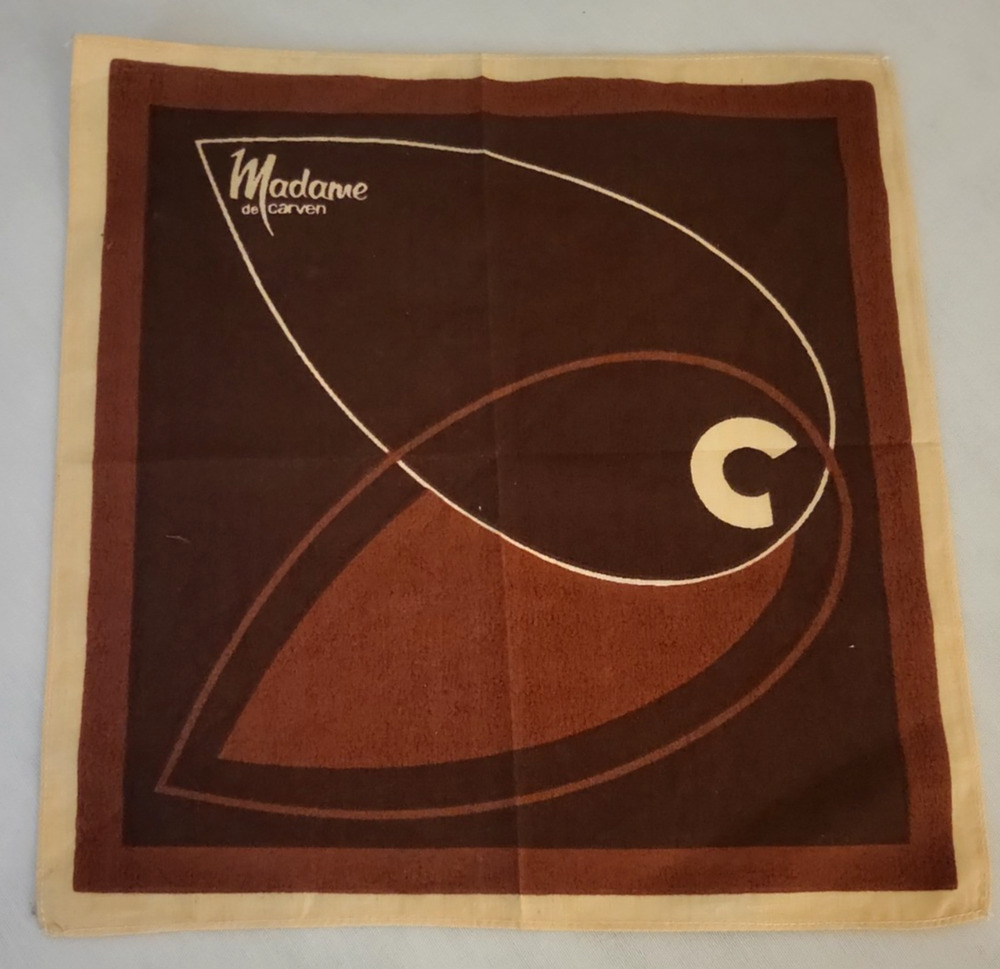 Rare VTG MADAME DE CARVEN PARIS Cotton Handkerchief Hanky Hankie Brown 9" square